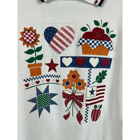 GOPHER vintage white collared knit pullover sweater top hearts floral size L - Picture 2 of 9